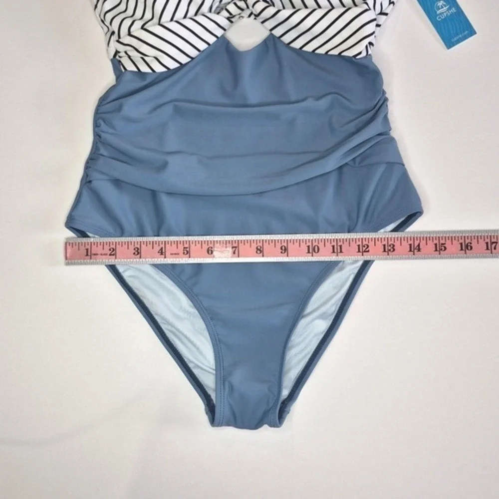 Cupshe Striped Twist Front Ruched One Piece Swimsuit Blue‎ White Small NWT